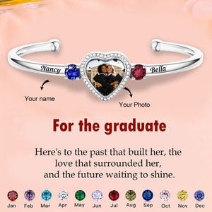 Customized Birthstone & Graduation Photo Heart Bracelet - Personalized Birthstones, Photo and Names