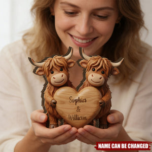 Custom Highland Cow Couple Wooden Blocks: Personalized Cow Wood Plaque