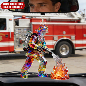 Firefighter Figurine Stained Glass Crystal Effect - Personalized Car Hanger