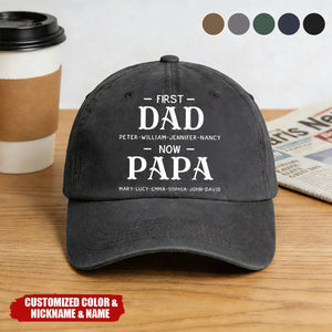 First Dad Now Grandpa With Kids' Names - Personalized Distressed Denim Cap