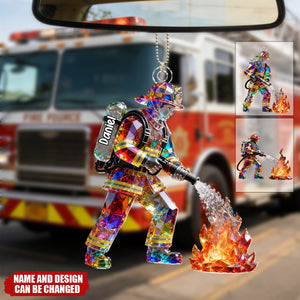 Firefighter Figurine Stained Glass Crystal Effect - Personalized Car Hanger