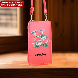 Custom Name And Birth Flower Personalized Zipper Touchscreen Phone CrossBody Bags