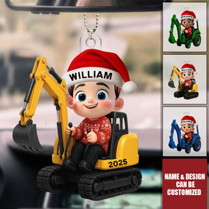 Little Boy Kid With Car Excavator Backhoe Tractor - Personalized Acrylic Car Ornament