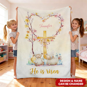 Personalized He Is Risen Cross Sheep Soft Throw Blanket - Egg Hunting Easter Gift For Kids