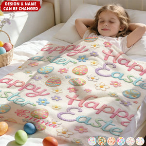 Personalized Happy Easter Faux-Knitted Bunnies Chick Floral Eggs Blanket