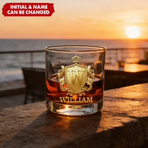 Personalized Golden Badge Initial Name Rock Whiskey Glass - Gift for Man Bartender Whiskey Enthusiast