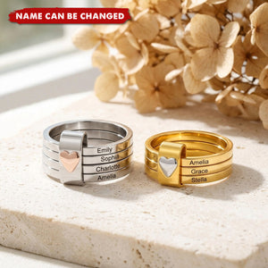 Personalized Heart Accent Sterling Silver Engraved Stacking Rings - Gift For Women