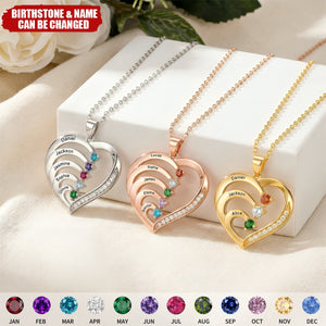Personalized Birthstones Family Heart Pendant Engraved Necklace - Gift for Mom Grandma