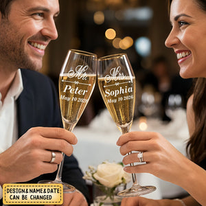 Personalized Monogram Gold Rim Champagne Tulip Glasses Set of 2 Engagement Wedding Anniversary Gift for Newlyweds Couple