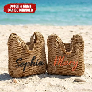 Personalized Multicolor Name Crochet Raffia Tote Bag - Beach Vacation Bachelorette Party Birthday Gift for Her