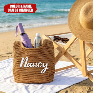 Personalized Multicolor Name Crochet Raffia Tote Bag - Beach Vacation Bachelorette Party Birthday Gift for Her