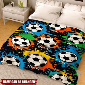Personalized Colorful Graffiti Soccer Soft Black Throw Blanket - Birthday Game Day Gift for Kids Soccer Lovers