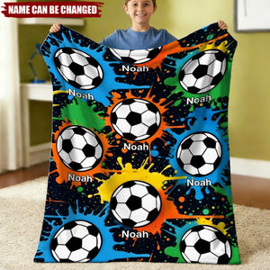 Personalized Colorful Graffiti Soccer Soft Black Throw Blanket - Birthday Game Day Gift for Kids Soccer Lovers