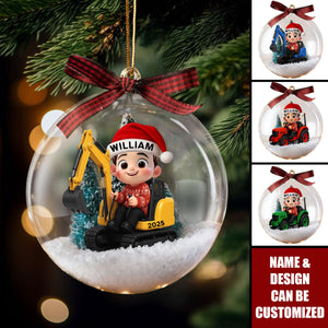 Little Boy Kid With Car Excavator Backhoe Tractor - Personalized Snow Globe Ornament
