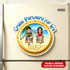 Cruise Partners For Life Porthole Doll Couple Sitting On The Beach - Personalized Cruise Ship Door Magnet