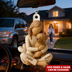 Girl & Her Dog - Personalized Wooden Car Ornament - Gift For Dog Lover