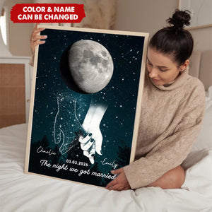 Galaxy Night Couple Holding Hands Custom Moon Phase Anniversary Date Poster - Wedding Gift For Couple