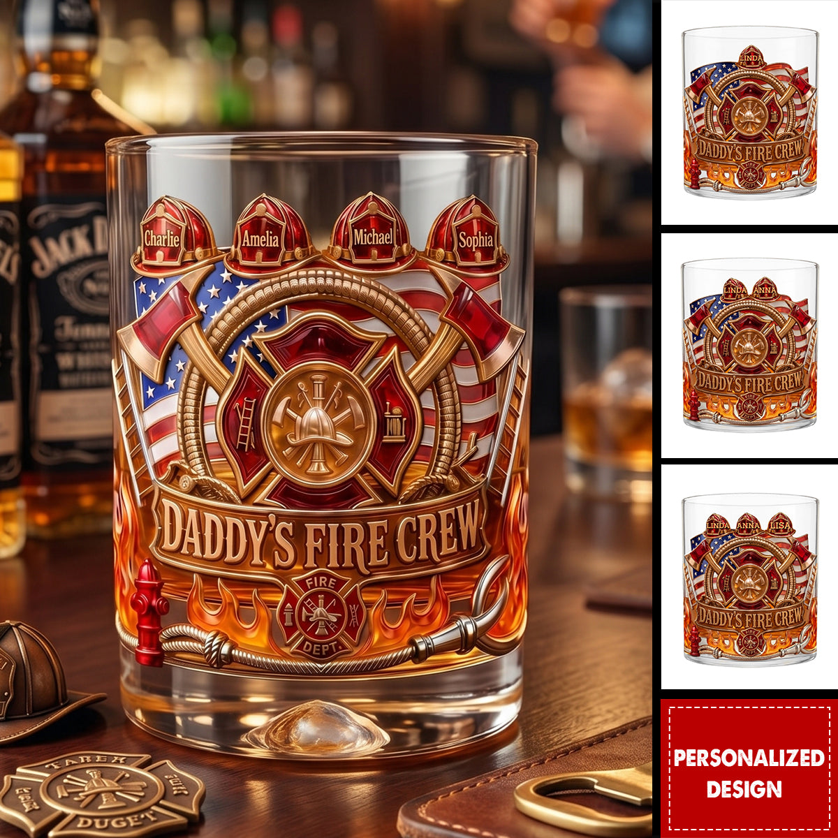 Firefighter Daddy's Crew - Personalized Whiskey Glass, Father's Day Gift For Dad