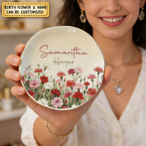Custom Name Watercolor Birth Month Flower - Personalized Jewelry Dish