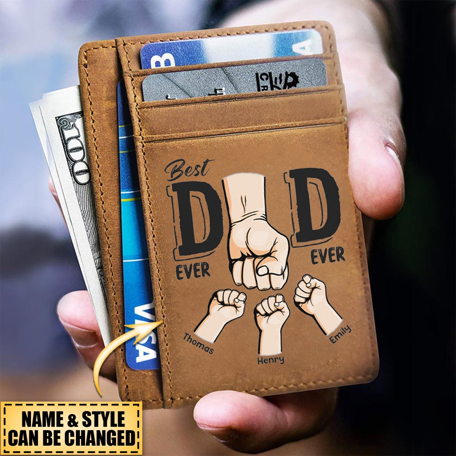 Best Dad Ever - Family Personalized Custom Cow Leather Card Wallet