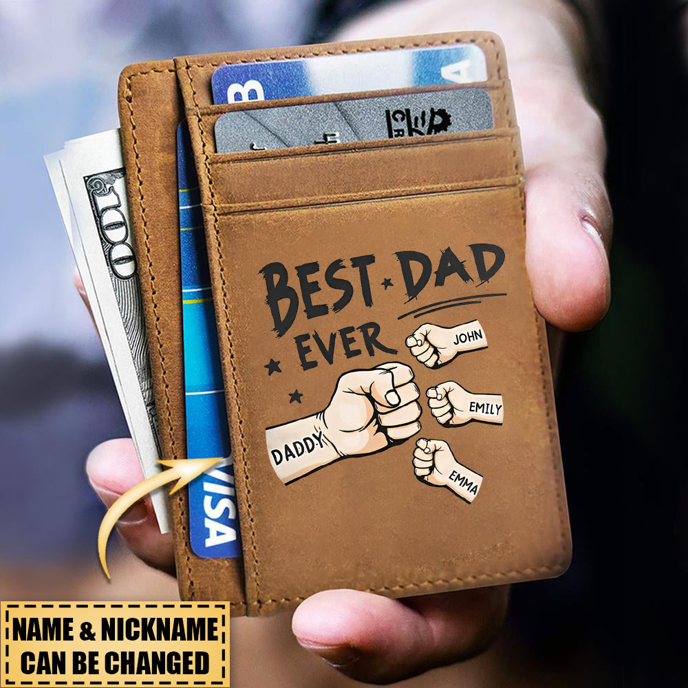 The Best Dad Ever - Family Personalized Custom Cow Leather Card Wallet - Father's Day, Birthday Gift For Dad
