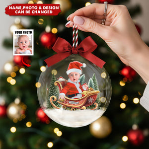 Custom Photo Baby And Kid In Sleigh  - Personalized Christmas Acrylic Ornament