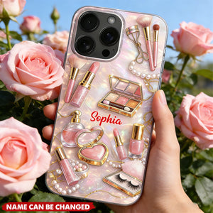 Personalized Makeup Phone Case - Custom Name, Pink Makeup Design