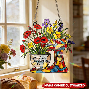 Floral Dough Mixer - Personalized Window Hanging Suncatcher Ornament, Gift For Baking Lover