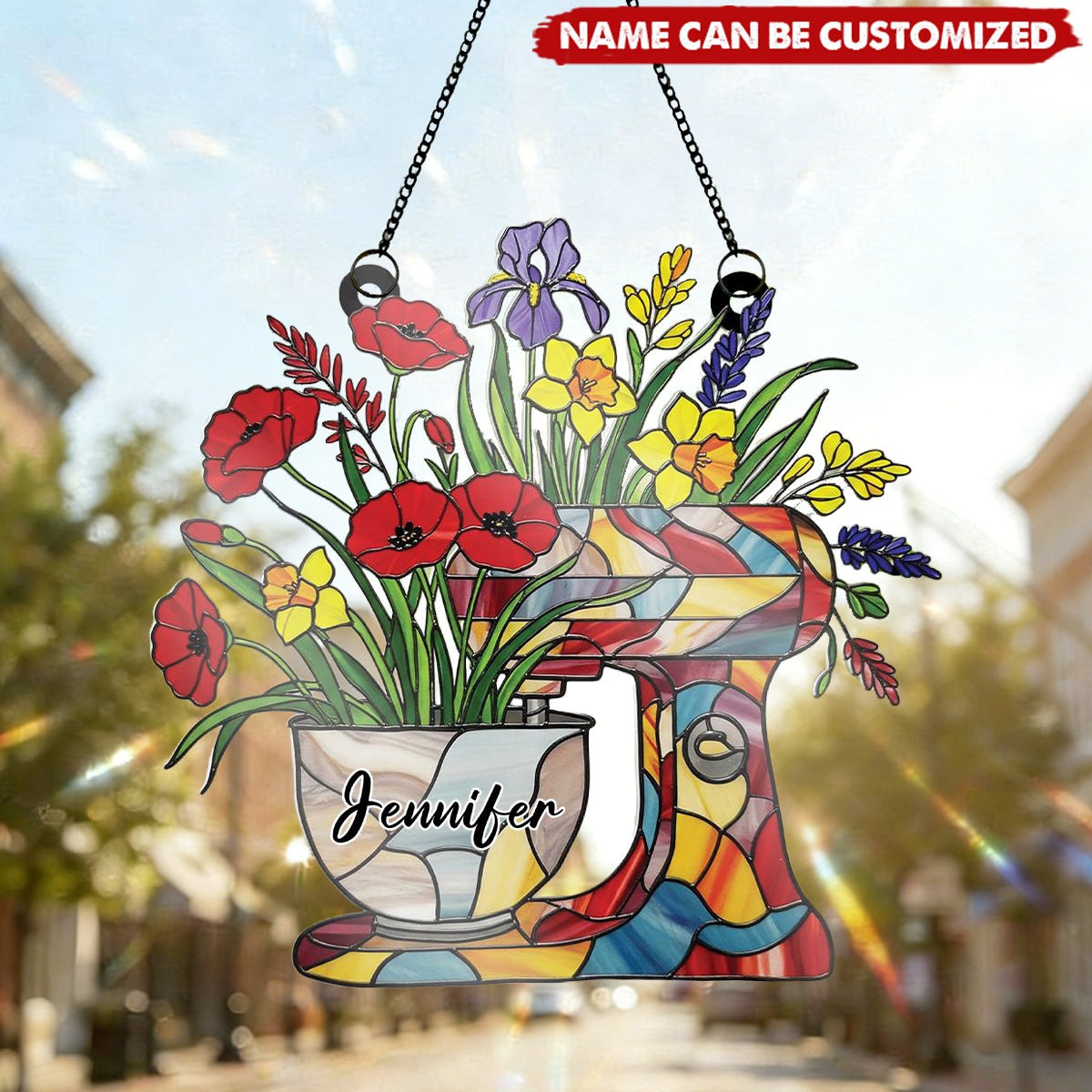 Floral Dough Mixer - Personalized Window Hanging Suncatcher Ornament, Gift For Baking Lover