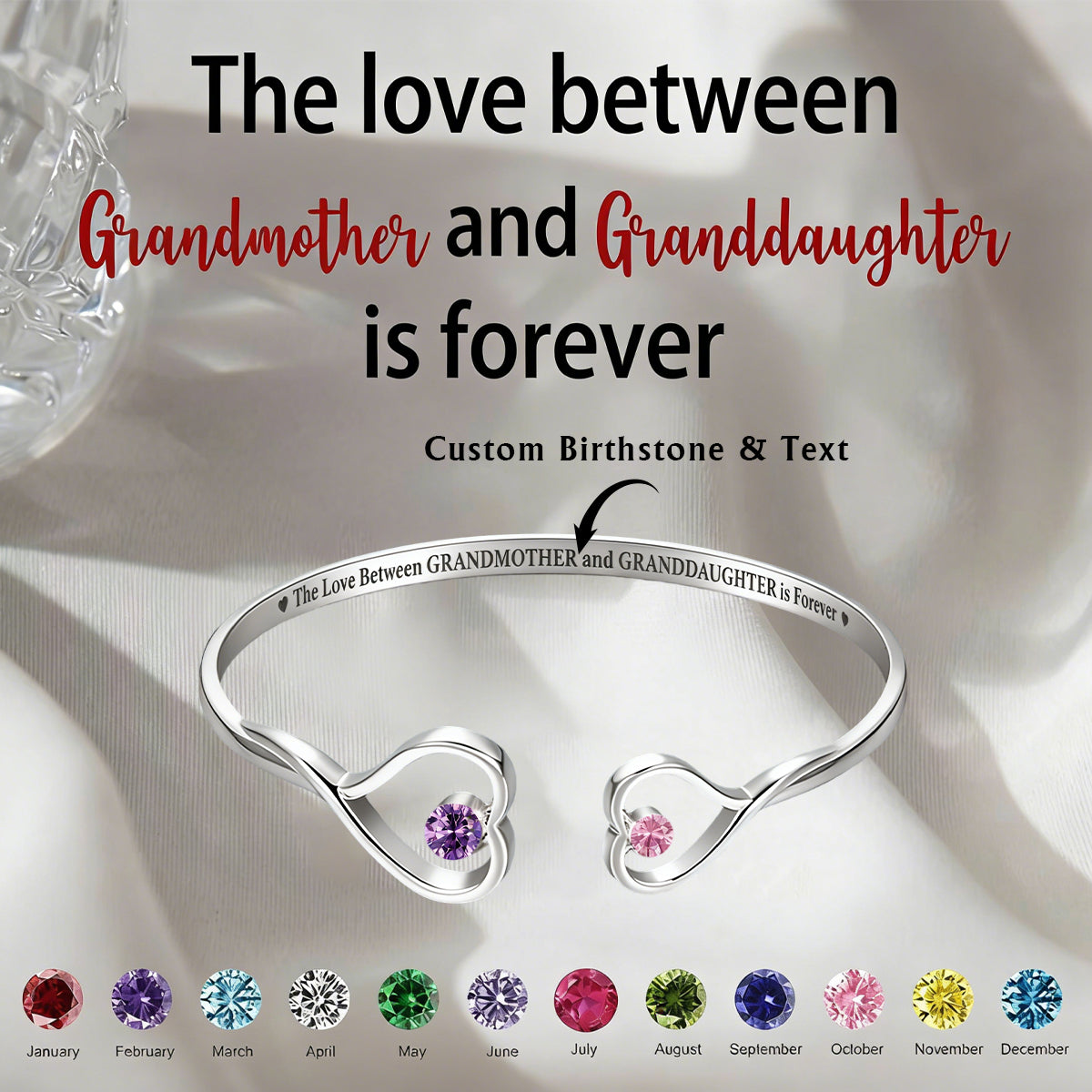 The Love Between Grandmother & Granddaughter - Personalized Gem Heart Cuff Bracelet
