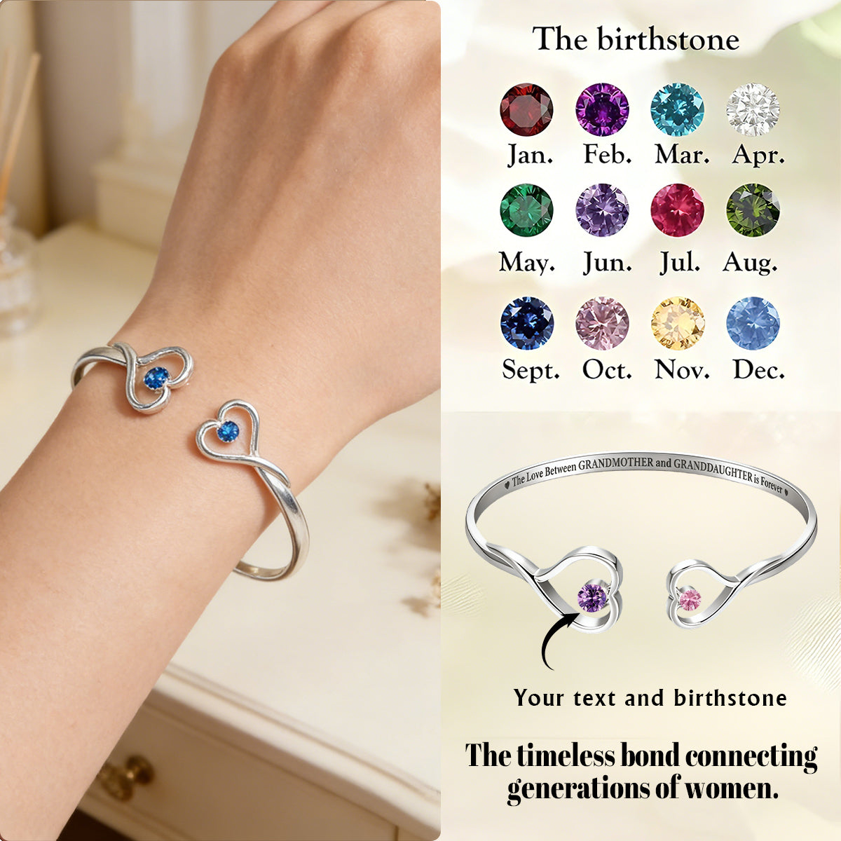 The Love Between Grandmother & Granddaughter - Personalized Gem Heart Cuff Bracelet