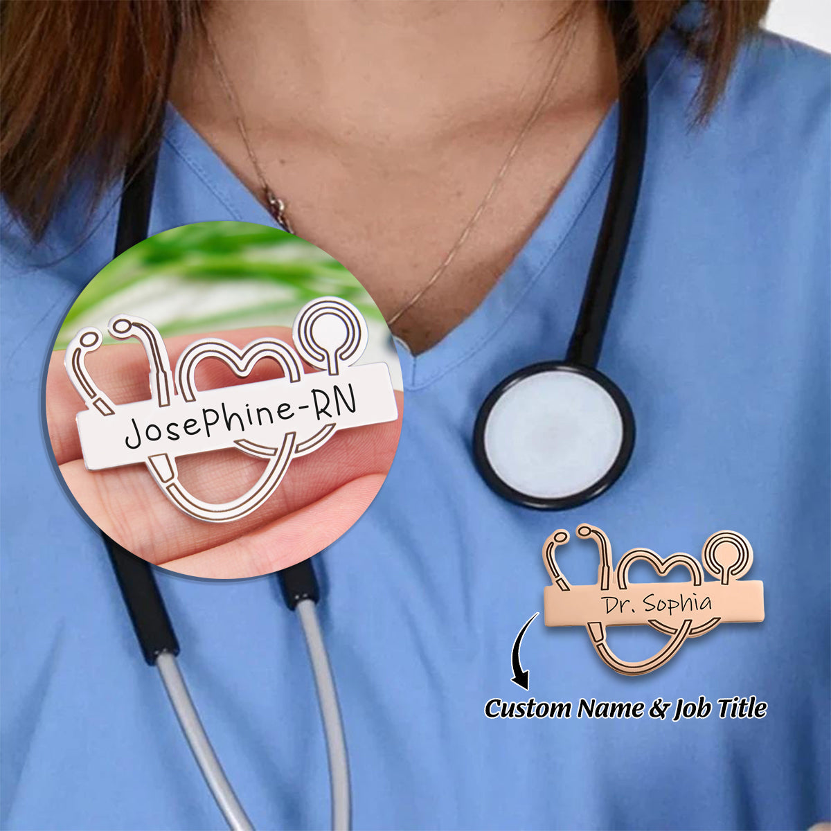 Stethoscope Nurse Themes Brooch Custom Nameplate Personalized Pin, Gift For Nurse Doctor