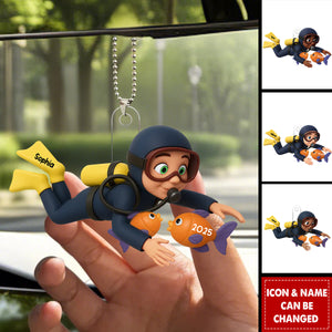 Christmas Boy Girl Scuba Diving - Personalized Acrylic Car Ornament - Gift For Scuba Diver