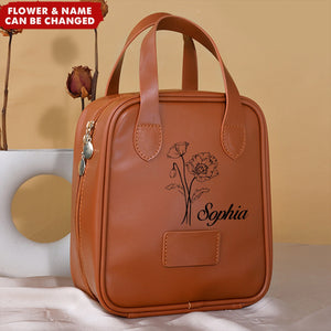 Personalized Leather Birthday Flower Travel Tote Organizer Makeup Bag