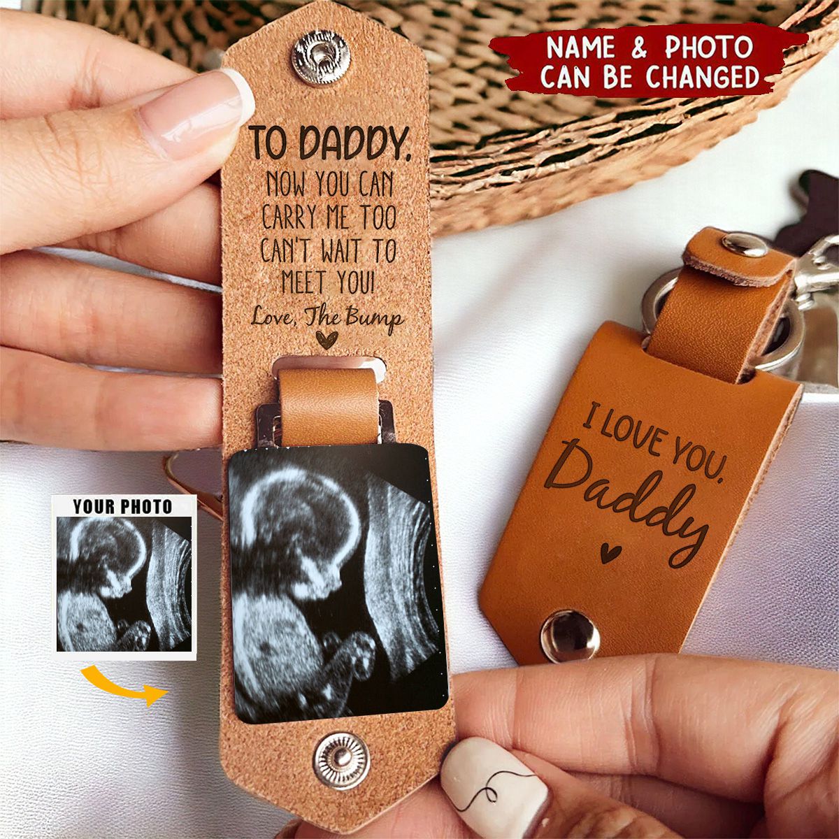 Daddy Can't Wait To Meet You - Personalized Leather Photo Keychain