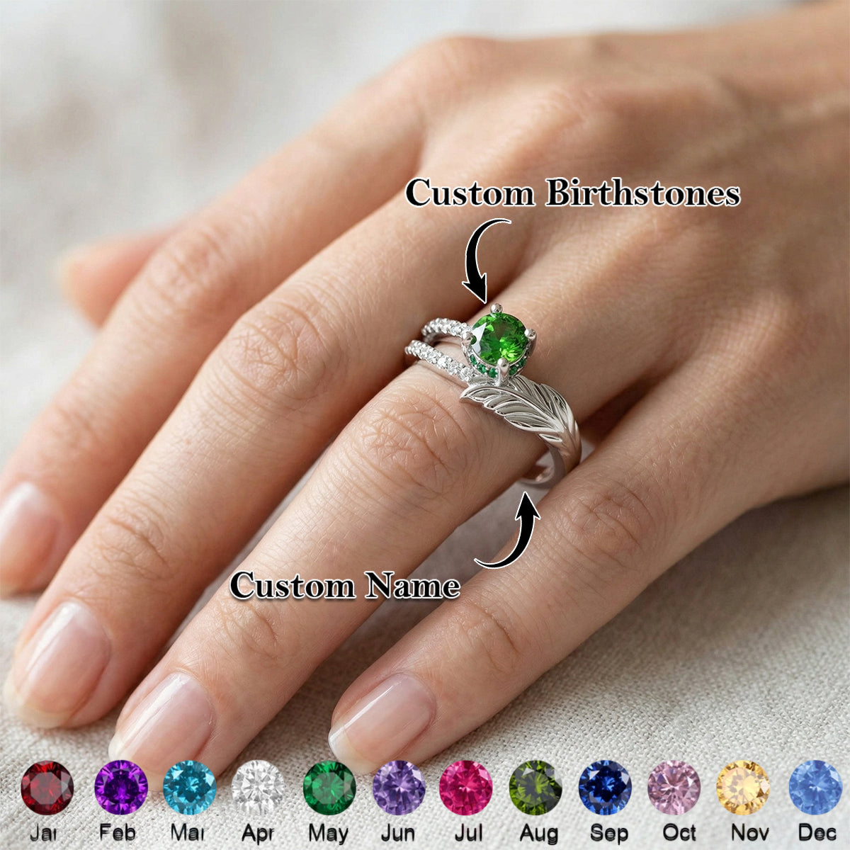 Forever in Our Hearts - Personalized Feather Birthstone Ring with Text