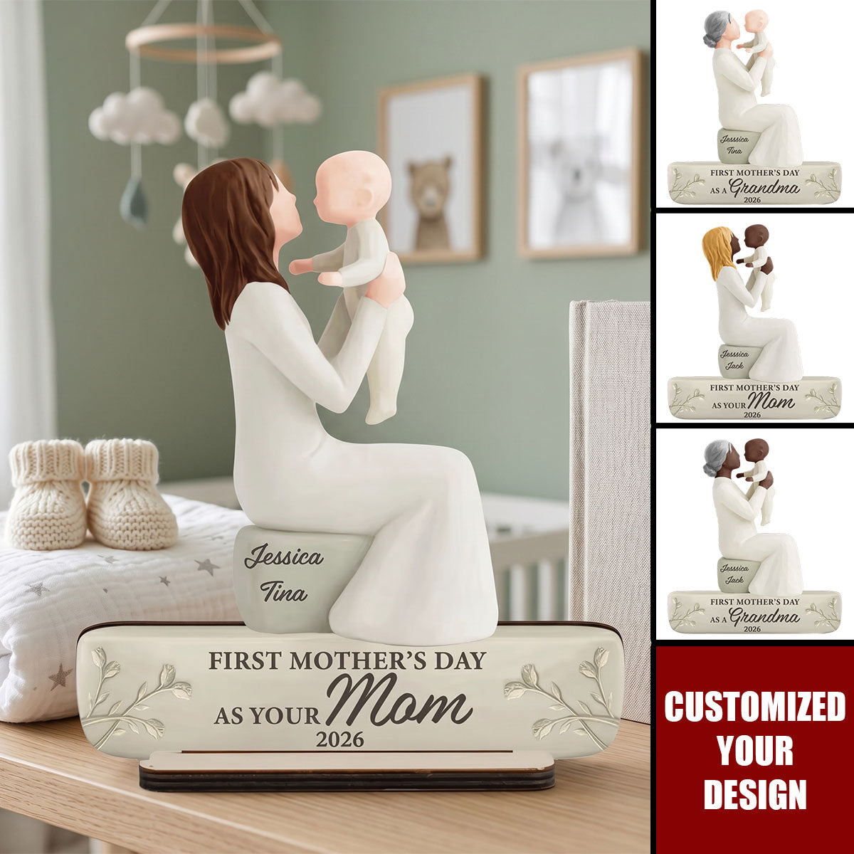 Personalized 2-Layer Wooden Plaque, Mom Holding Baby Keepsake,  Unique First Mother's Day Gift