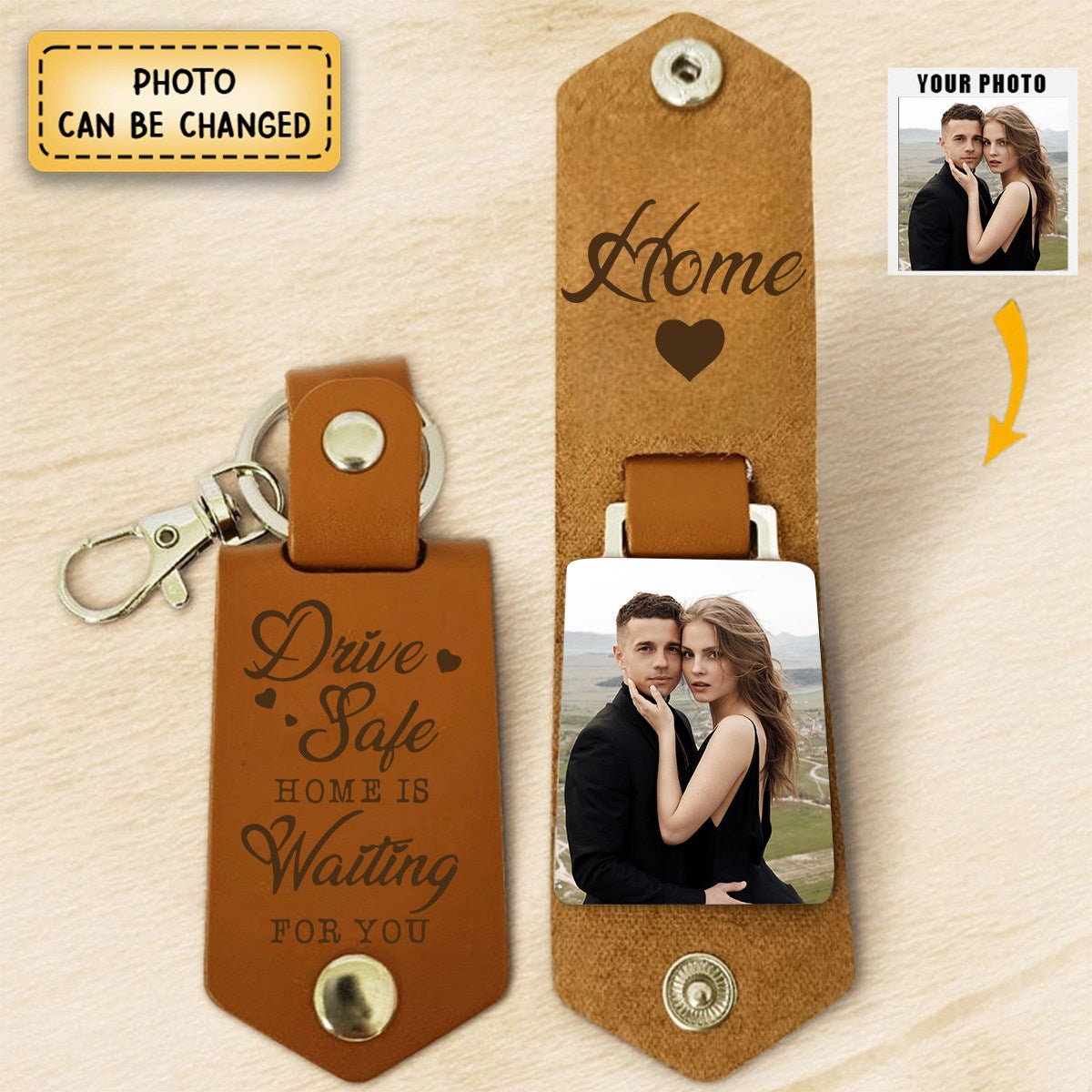 Drive Safe, Home Is Waiting For You - Personalized Leather Photo Keychain