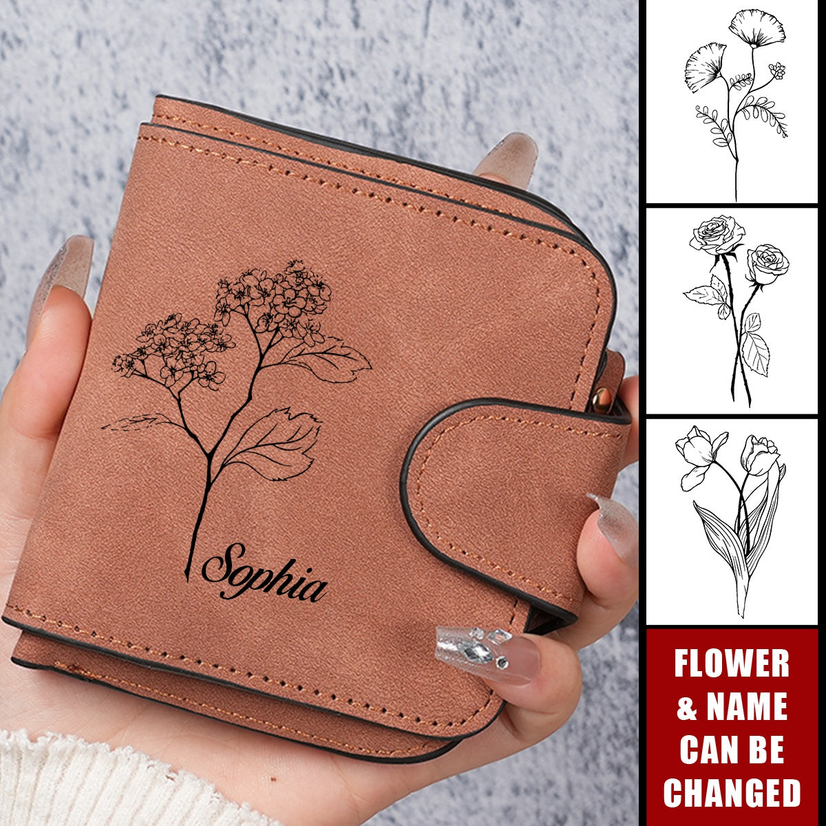 Personalized Birthday Flower Trifold Credit Card Holder Zipper Pocket Wallet