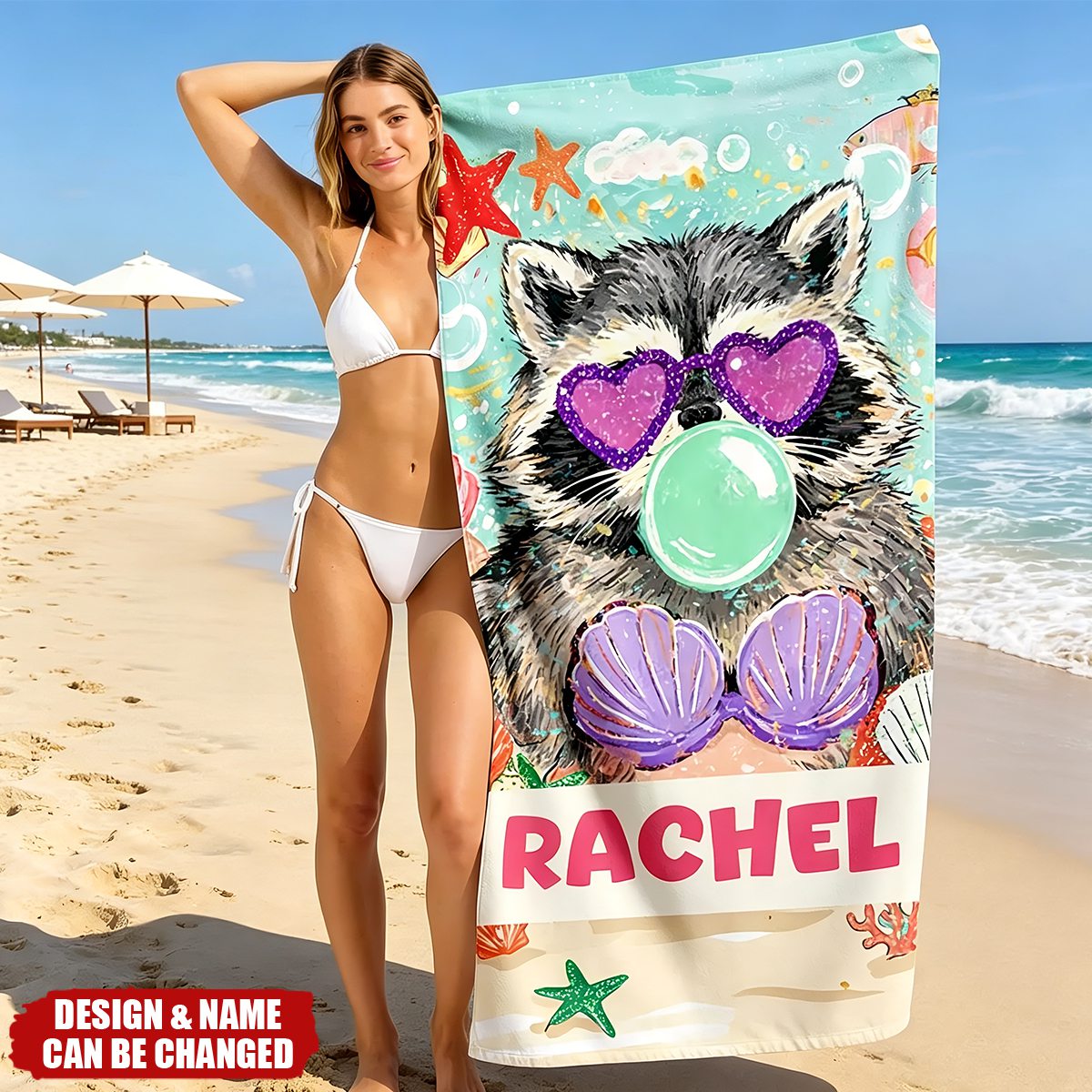 Personalized Raccoon Goose Summer Vibes Quick Dry Beach Towel -  Outdoor Beach Party Essential Birthday Gift for Best Friend Mom Sister