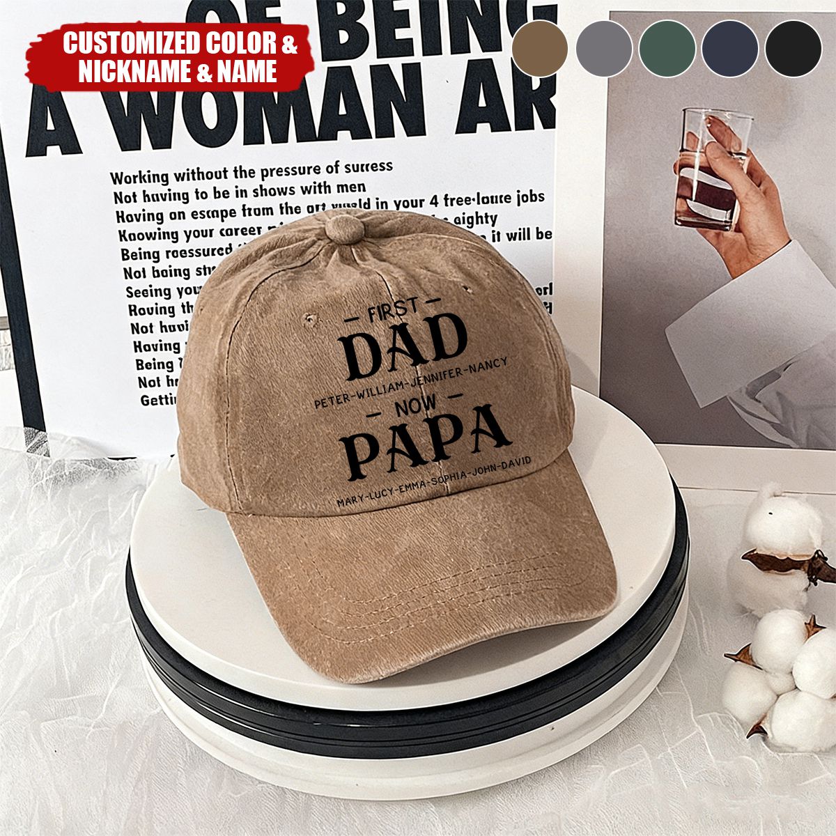 First Dad Now Grandpa With Kids' Names - Personalized Distressed Denim Cap