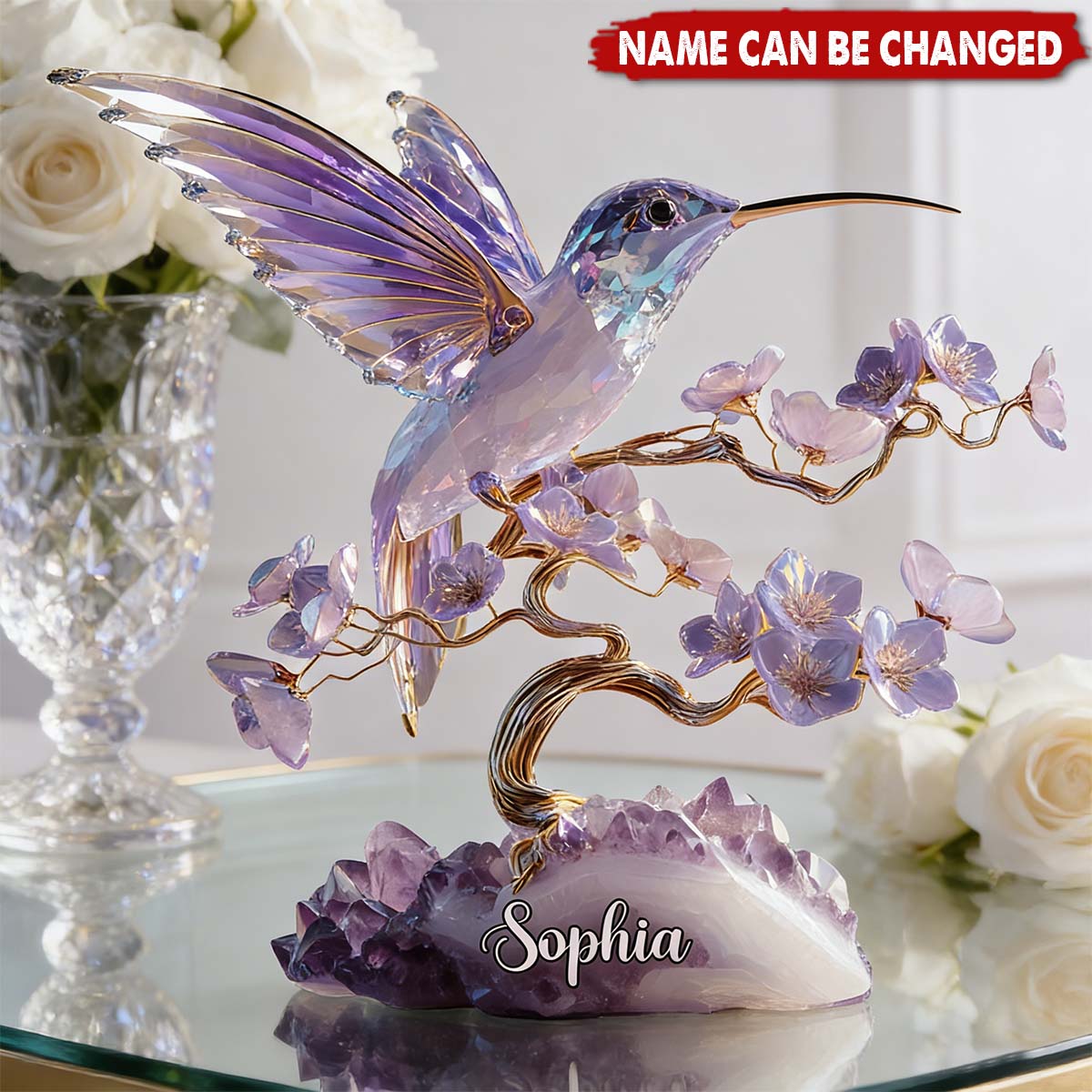 Stunning Amethyst Styled Hummingbird - Personalized Acrylic Block Plaque