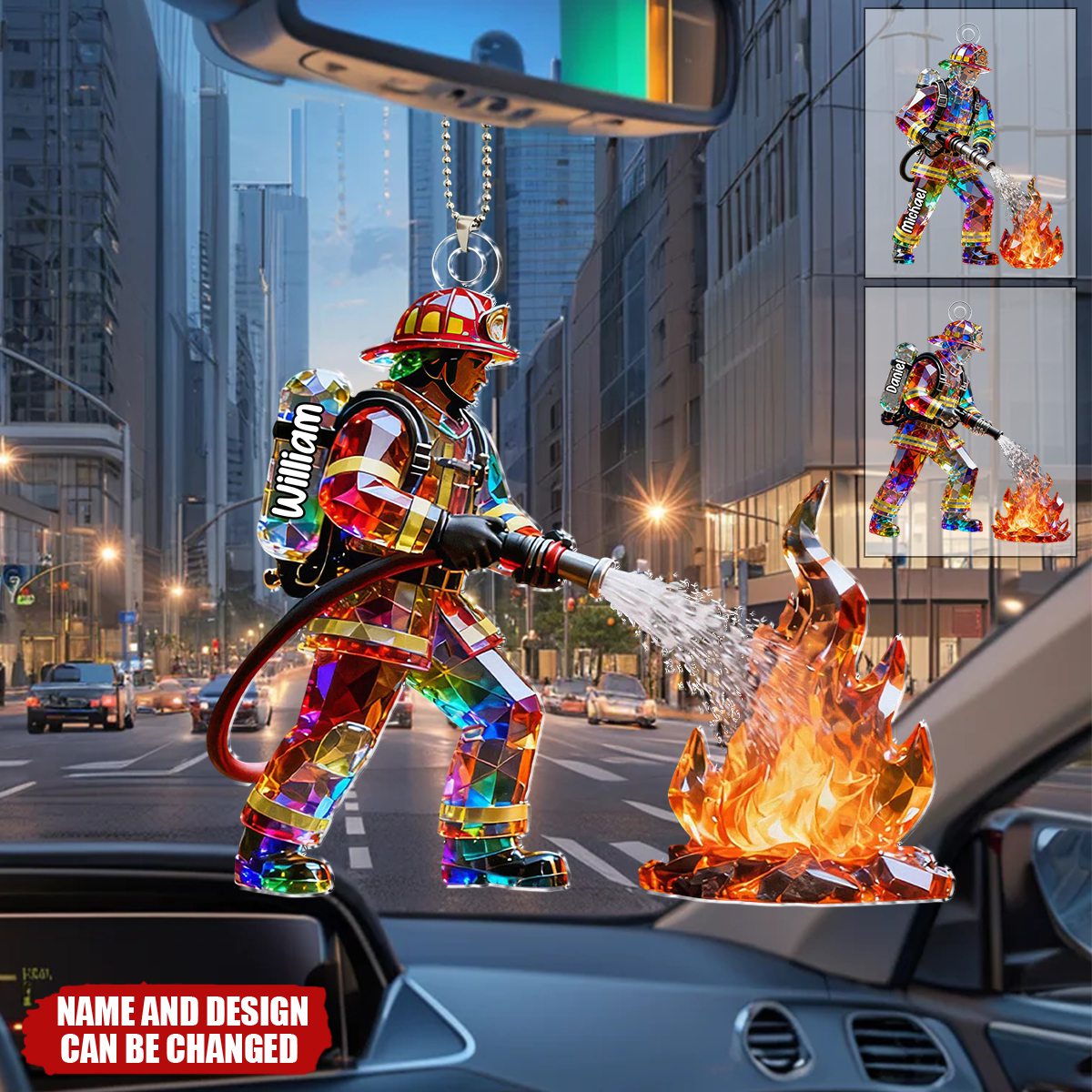 Firefighter Figurine Stained Glass Crystal Effect  - Personalized Car Hanger