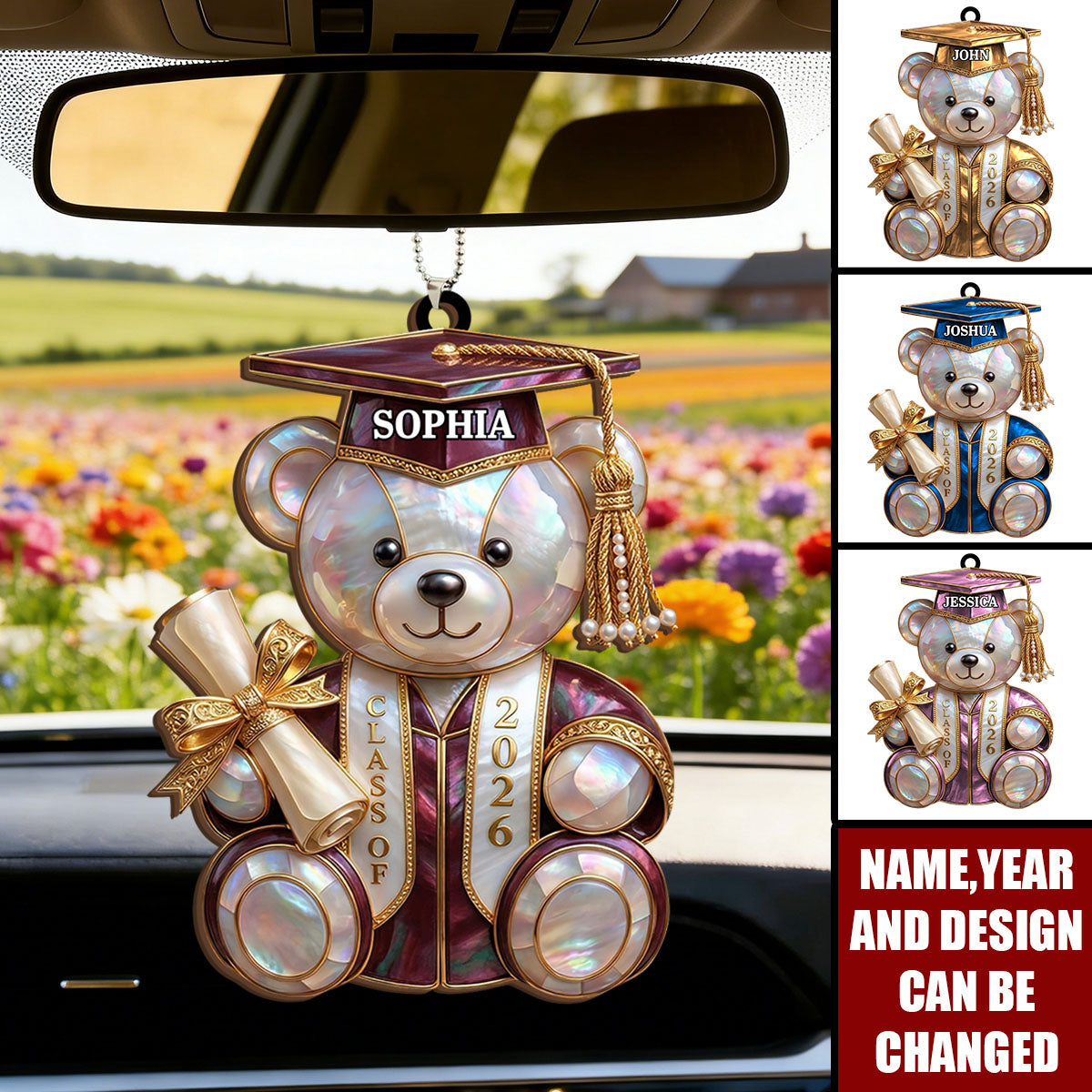 Class Of Graduation Bear - Personalized Wood Car Hanger, Gift For Students