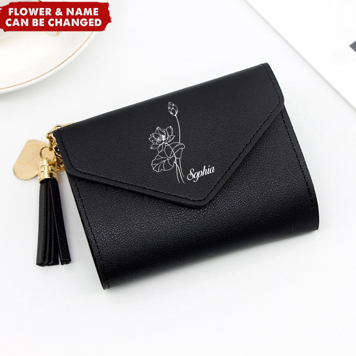 Heart Pendant Tassel Personalized Birthday Flower Tri-fold Wallet