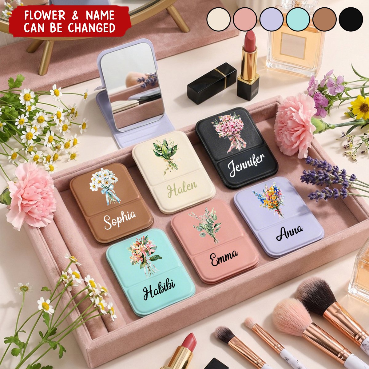 Birth Flowers Personalized Square Folding Pocket Travel Makeup Mirror