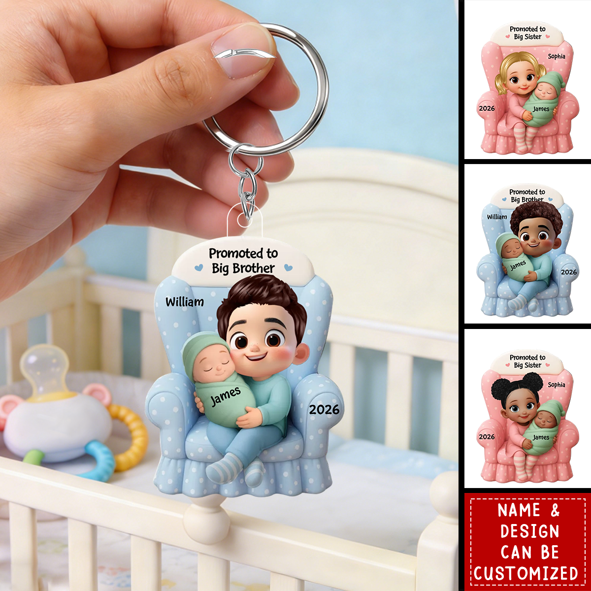 Big Brother, Big Sister And Baby - Personalized Acrylic Keychain, Baby Announcement Gift