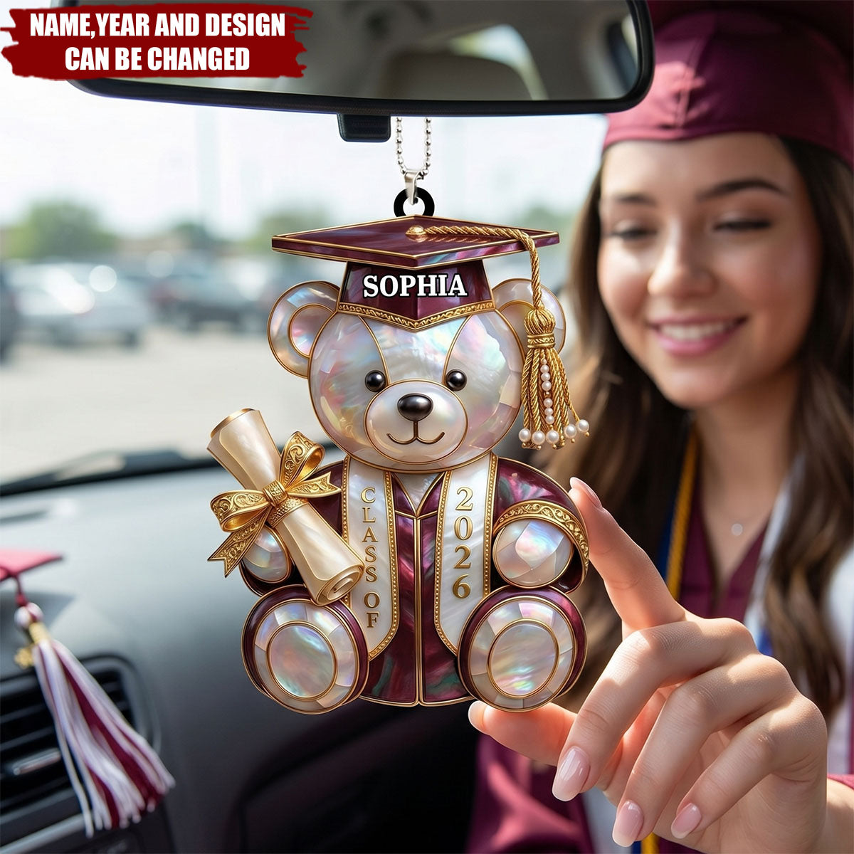 Class Of Graduation Bear - Personalized Wood Car Hanger, Gift For Students