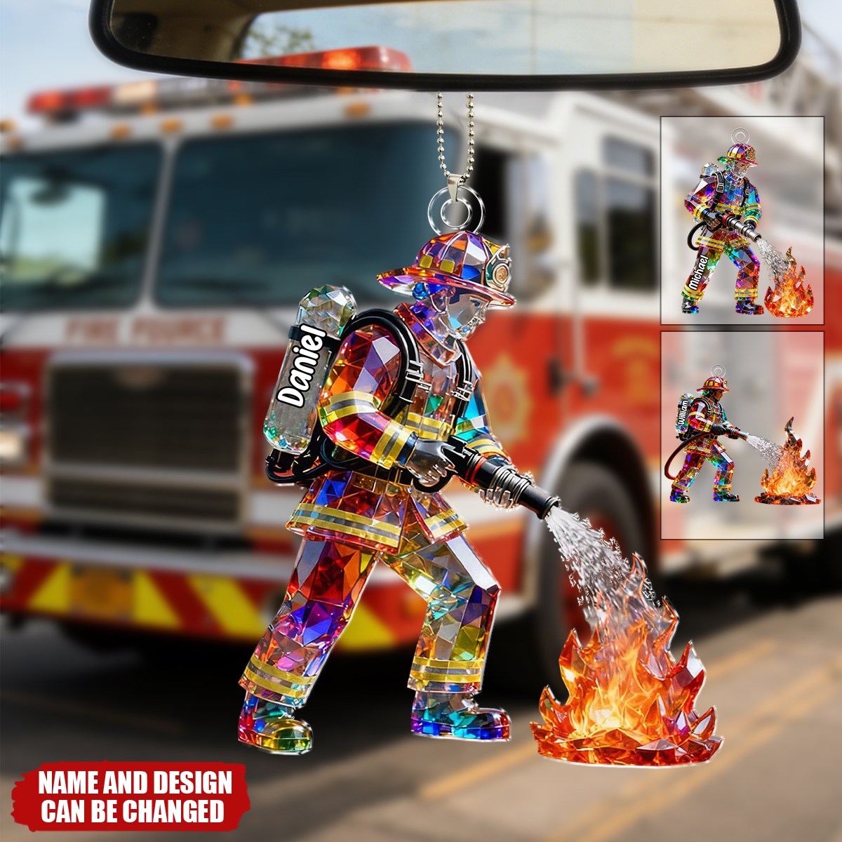 Firefighter Figurine Stained Glass Crystal Effect  - Personalized Car Hanger