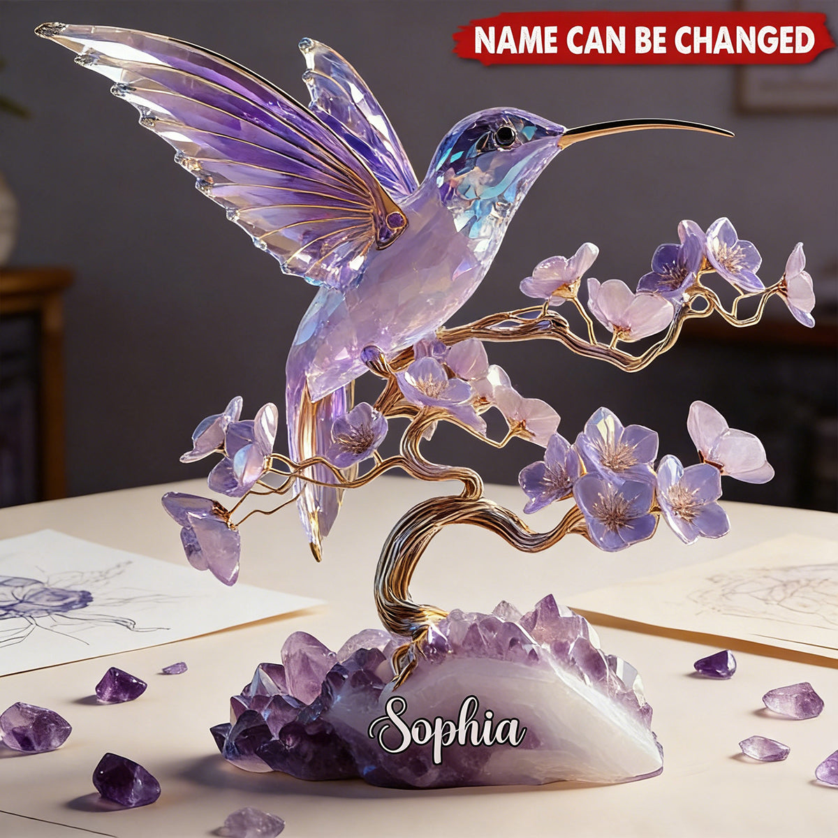 Stunning Amethyst Styled Hummingbird - Personalized Acrylic Block Plaque